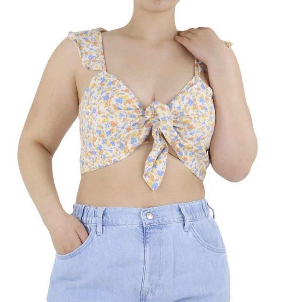 ASOS Micro Floral Crop Tie Front Top Women's 8 Dainty Ruffle Sleeves Resort NEW